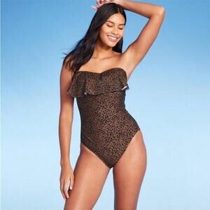 Kona Sol NEW Animal Print Bandeau Flounce High Coverage One Piece w/ Straps XL